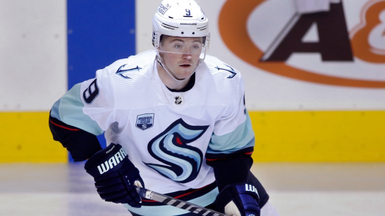 NHL profile photo on Seattle Kraken player Ryan Donato at a game against the Calgary Flames in Calgary, Alta., on April 12, 2022. (Larry MacDougal/CP)