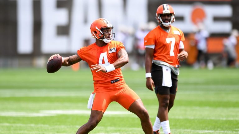 Cleveland Browns quarterback Deshaun Watson throws a pass during the NFL football team's training camp, Thursday, July 28, 2022, in Berea, Ohio. (Nick Cammett/AP)