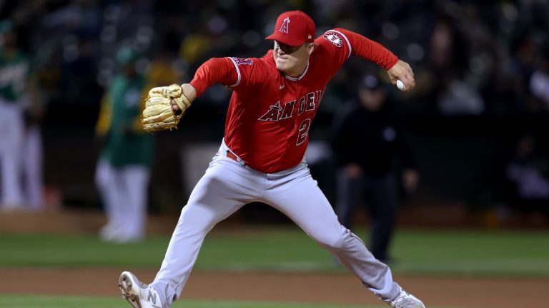Los Angeles Angels relief pitcher Aaron Loup throws to an Oakland Athletics batter during the seventh inning of a baseball game in Oakland, Calif., Friday, May 13, 2022. (Jed Jacobsohn/AP)