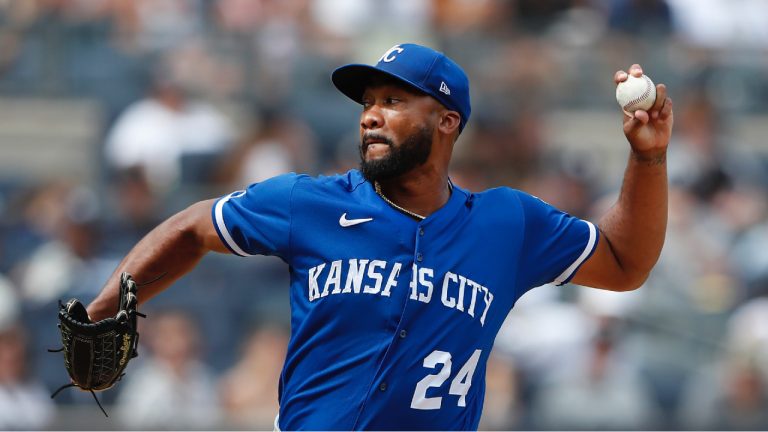Kansas City Royals relief pitcher Amir Garrett (24) throws against the New York Yankees during the sixth inning of a baseball game Sunday, July 31, 2022, in New York. (Noah K. Murray/AP)