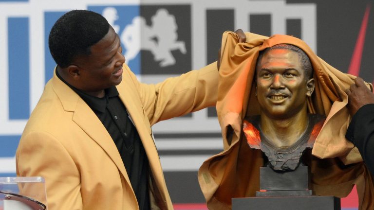 Former NFL player Leroy Butler unveils his bust before speaking during his induction into the Pro Football Hall of Fame, Saturday, Aug. 6, 2022, in Canton, Ohio. (David Richard/AP)