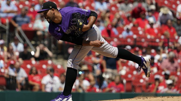 Colorado Rockies starting pitcher Antonio Senzatela throws during the first inning of a baseball game against the St. Louis Cardinals Thursday, Aug. 18, 2022, in St. Louis. (Jeff Roberson/AP)