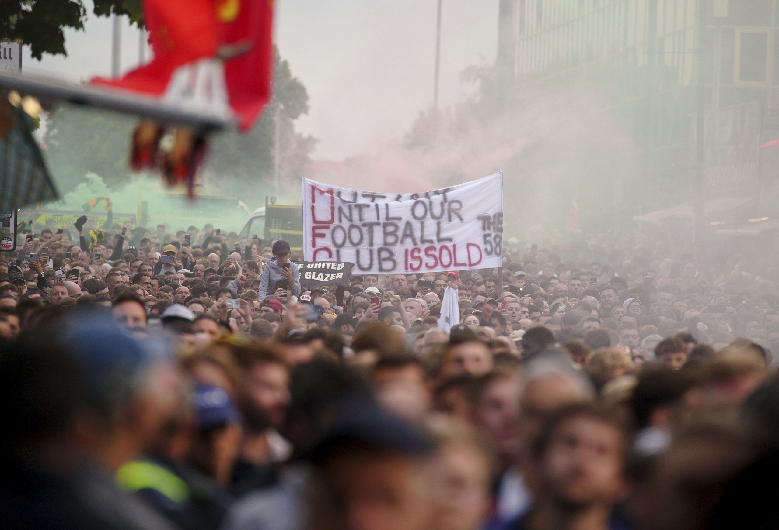 Angry Man United fans protest American owners ahead of Liverpool game ...