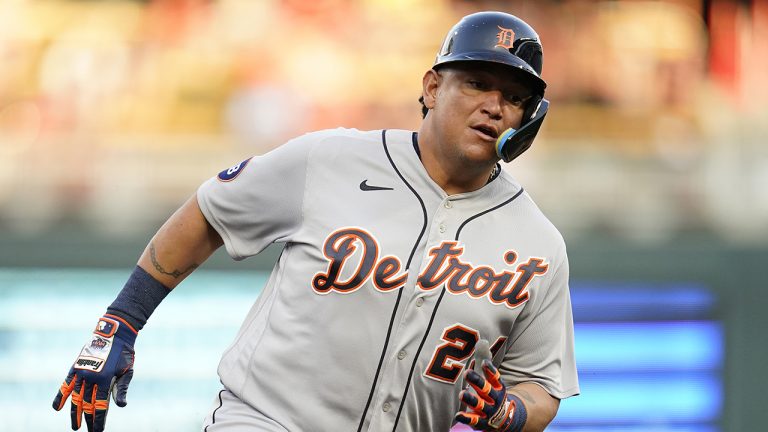 Detroit Tigers designated hitter Miguel Cabrera runs the bases to score off an RBI-single by Tucker Barnhart against the Minnesota Twins during the top of the fourth inning of a baseball game in Minneapolis, Monday, Aug. 1, 2022. (Abbie Parr/AP)