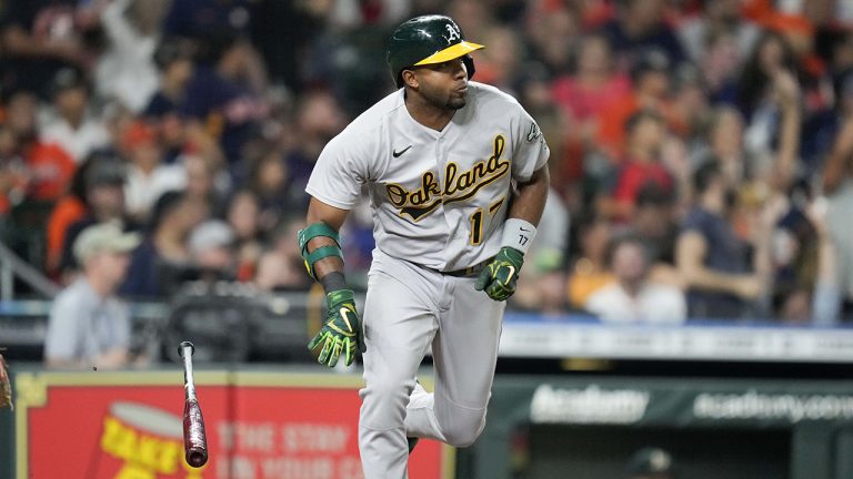 Oakland Athletics' Elvis Andrus watches his two-run single during the seventh inning of the team's baseball game against the Houston Astros, Friday, July 15, 2022, in Houston. (Eric Christian Smith/AP)