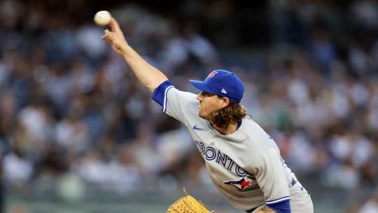 Toronto Blue Jays pitcher Kevin Gausman throws during the first inning of the team's baseball game against the New York Yankees on Friday, Aug. 19, 2022, in New York. (Adam Hunger/AP Photo)