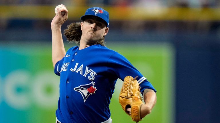 Toronto Blue Jays starting pitcher Kevin Gausman delivers to the Tampa Bay Rays during the first inning of a baseball game. (Chris O'Meara/AP)