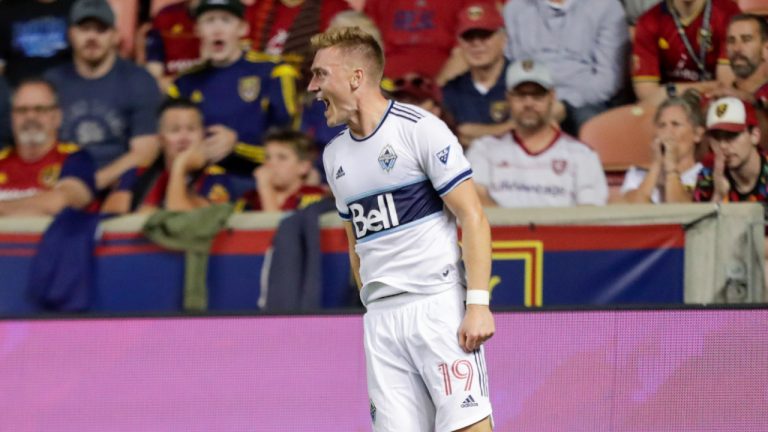 Julian Gresel (31) of Vancouver Whitecaps FC celebrates after scoring a goal against the Real Salt Lake in Sandy, Utah, on Saturday, Aug. 20, 2022. The game was a draw 1-1. (Ben B. Braun/The Deseret News via AP)