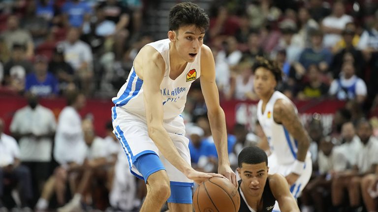 Oklahoma City Thunder's Chet Holmgren drives up the court against the Orlando Magic during the first half an NBA summer league basketball game Monday, July 11, 2022, in Las Vegas. (John Locher/AP)