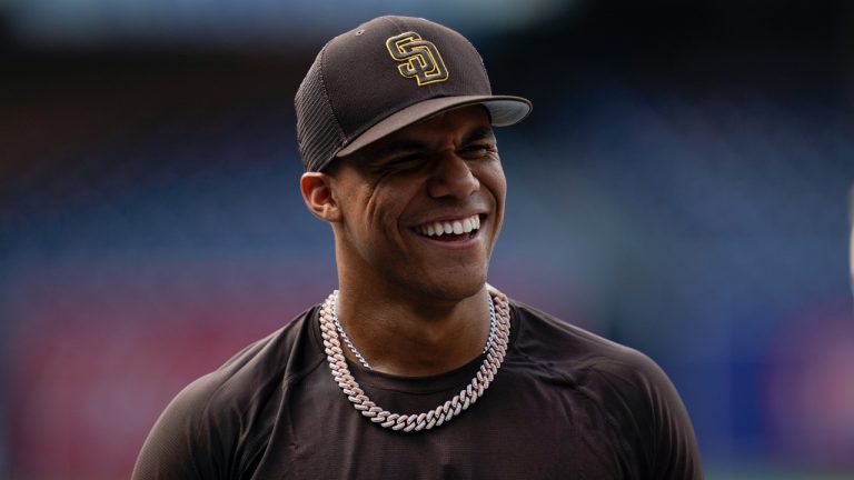 Former San Diego Padres right fielder Juan Soto smiles during batting practice. (Gregory Bull/AP)