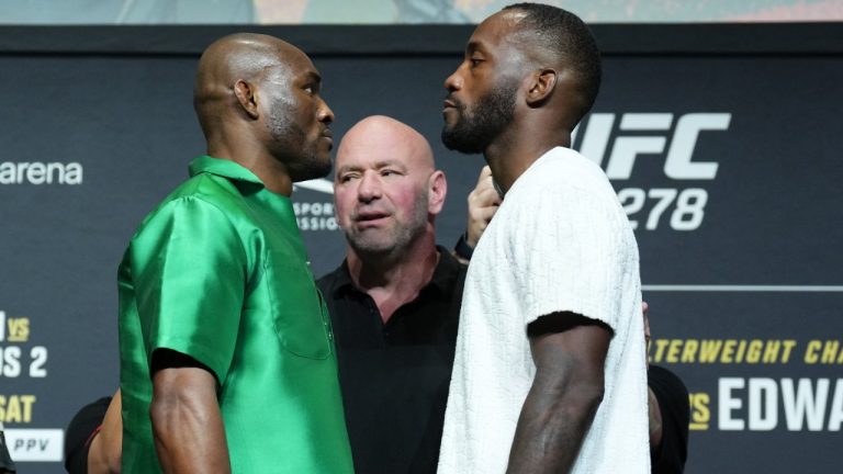 Kamaru Usman, left, and Leon Edwards, right, face off days before UFC 278 (photo courtesy of the UFC)
