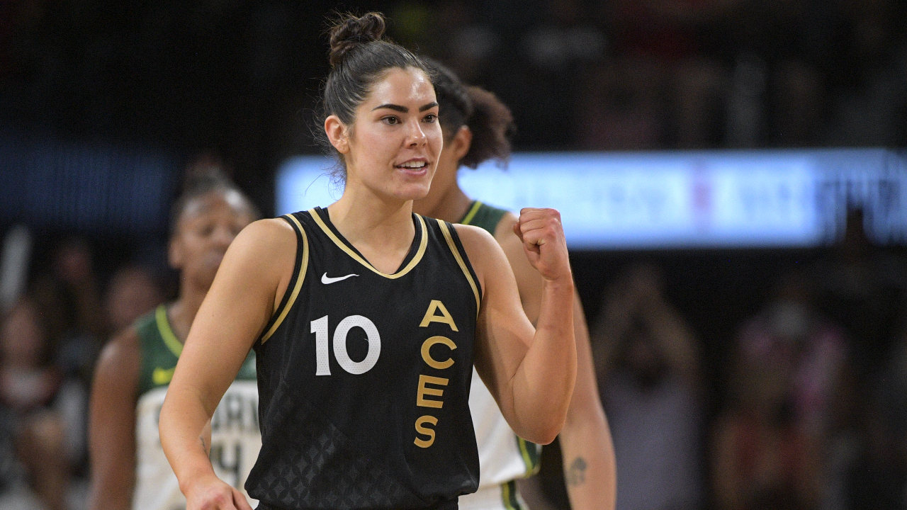 Las Vegas Aces guard Kelsey Plum (10) pumps her fist after scoring during the second half of a WNBA basketball game against the Seattle Storm. (Sam Morris/AP)