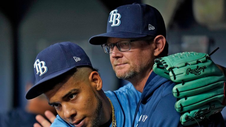 Tampa Bay Rays pitcher Luis Patino, left, hugs pitching coach Kyle Snyder after retiring the New York Yankees during the sixth inning of a baseball game Thursday, July 29, 2021, in St. Petersburg, Fla. (Chris O'Meara/AP)