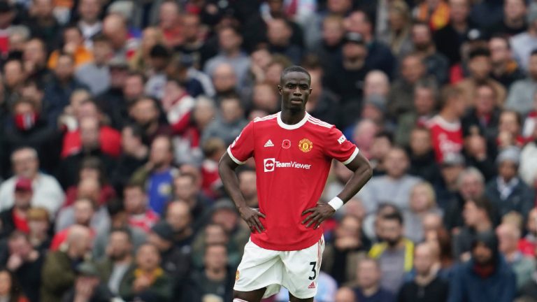 Manchester United's Eric Bailly reacts after scoring an own goal during the English Premier League soccer match between Manchester United and Manchester City at Old Trafford stadium in Manchester, England, Saturday, Nov. 6, 2021. (Jon Super/AP)