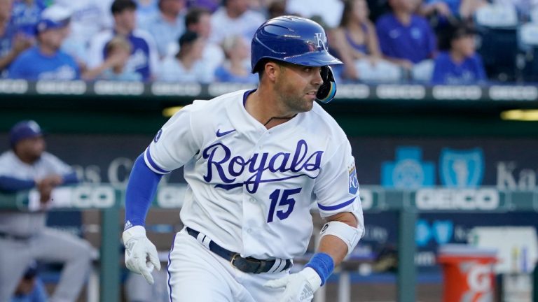 Kansas City Royals' Whit Merrifield runs to first after hitting a two-run double in the third inning against the Tampa Bay Rays during a baseball game Saturday, July 23, 2022, in Kansas City, Mo. (Ed Zurga, AP)
