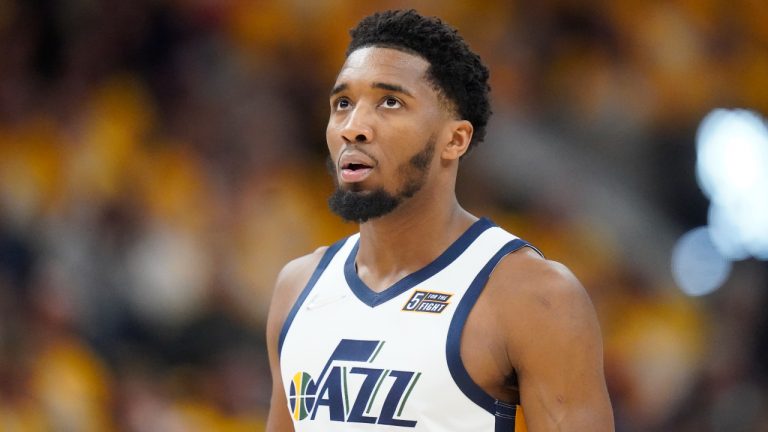 Utah Jazz guard Donovan Mitchell (45) looks at the scoreboard in the first half of Game 4 of an NBA basketball first-round playoff series against the Dallas Mavericks, Saturday, April 23, 2022, in Salt Lake City. (Rick Bowmer/AP)