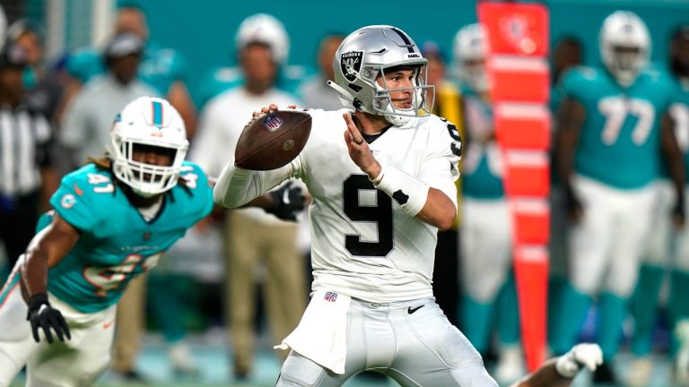 Las Vegas Raiders quarterback Nick Mullens (9) aims a pass during the first half of a NFL preseason football game against the Las Vegas Raiders, Saturday, Aug. 20, 2022, in Miami Gardens, Fla. (Lynne Sladky/AP Photo)