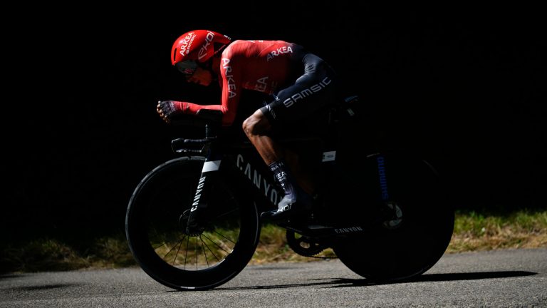 Colombia's Nairo Quintana competes during the twentieth stage of the Tour de France cycling race, an individual time trial over 40.7 kilometers (25.3 miles) with start in Lacapelle-Marival and finish in Rocamadour, France. (Daniel Cole/AP)