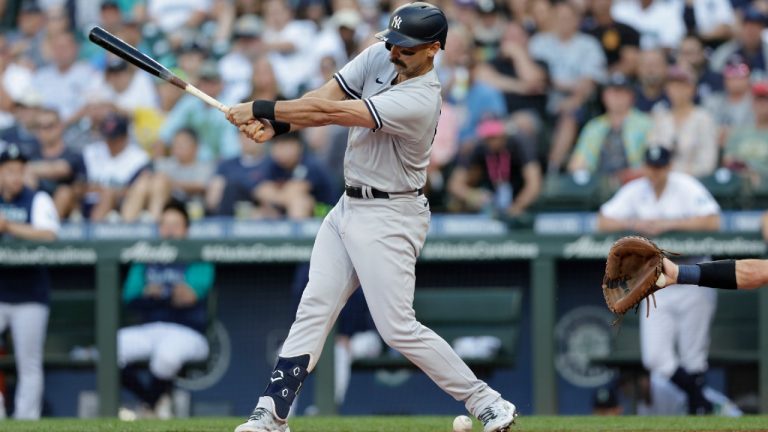 New York Yankees' Matt Carpenter fouls a ball off his foot against the Seattle Mariners during the first inning of a baseball game, Monday, Aug. 8, 2022, in Seattle. He left the game after his at bat. (John Froschauer/AP)