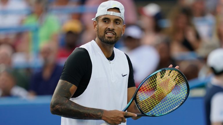 Nick Kyrgios, of Australia, reacts during a match against Marcos Giron, of the United States, at the Citi Open tennis tournament in Washington, Tuesday, Aug. 2, 2022. (Carolyn Kaster/AP)