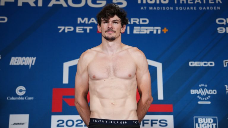 Canadian lightweight Olivier (The Canadian Gangster) Aubin-Mercier attends Thursday’s weigh-in, Aug.4, 2022 in New York ahead of his PFL semifinal Friday against Paraguay’s Alex Martinez. Aubin-Mercier weighed in at 155 pounds. (Cooper Neill/CP)