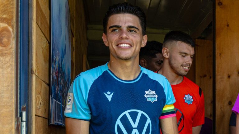 HFX Wanderers defender Mateo Restrepo get set to play against FC Edmonton in a Canadian Premier League match in Halifax on July 23, 2022 in a handout photo. (HO-Trevor MacMillan/HFX Wanderers FC/CP)