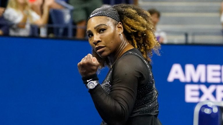 Serena Williams, of the United States, reacts during the first round of the US Open tennis championships against Danka Kovinic, of Montenegro, Monday, Aug. 29, 2022, in New York. (John Minchillo/AP)