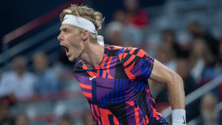 Denis Shapovalov of Canada reacts during his first round match against Alex de Minaur of Australia at the National Bank Open tennis tournament in Montreal, Monday, August 8, 2022. (Graham Hughes/CP)