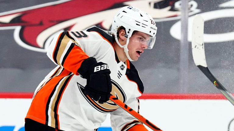 Anaheim Ducks center Sam Steel reacts after breaking his stick in the third period during an NHL hockey game against the Arizona Coyotes, Tuesday, Jan. 26, 2021, in Glendale, Ariz. Anaheim won 1-0. (Rick Scuteri/AP)
