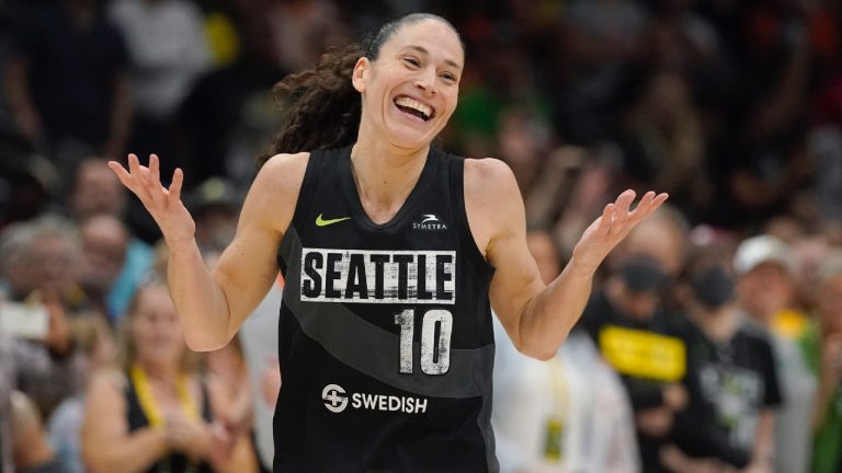 Seattle Storm guard Sue Bird reacts after attempting a basket against the Washington Mystics during the second half of a WNBA basketball playoff game, Sunday, Aug. 21, 2022, in Seattle. (Ted S. Warren/AP)