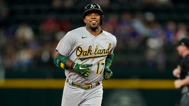 Oakland Athletics' Elvis Andrus runs the bases after hitting a two-run home run during the seventh inning of the team's baseball game against the Texas Rangers in Arlington, Texas, Tuesday, Aug. 16, 2022. (Tony Gutierrez/AP)