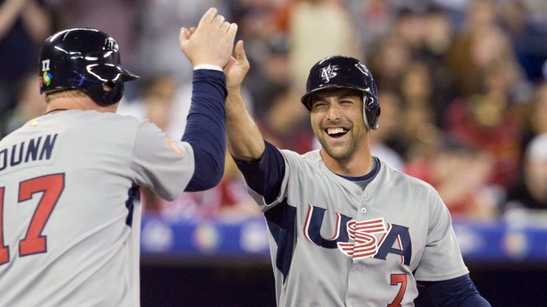 Former Team United States left fielder Mark DeRosa (7) celebrates during a game against Team Venezuela at the World Baseball Classic in Toronto on Sunday, March 8, 2009. (Frank Gunn/CP)