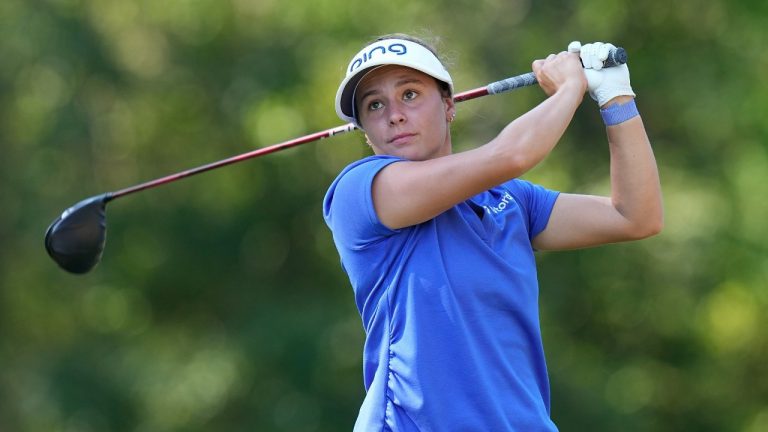 Amanda Doherty hits off the sixth tee during the first round of the U.S. Women's Open golf tournament at the Pine Needles Lodge & Golf Club in Southern Pines, N.C. on Thursday, June 2, 2022. (Steve Helber/AP)