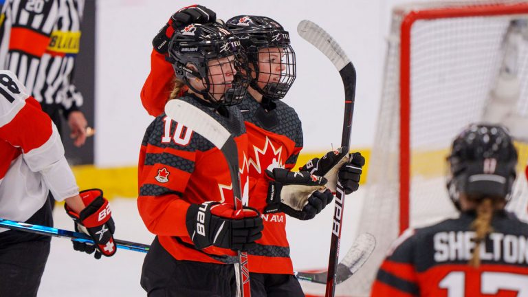 Sarah Fillier of Canada scores the 1-0 goal and celebrate with Victoria Bach during The IIHF World Championship Woman's ice hockey match between Canada and Switzerland. (Bo Amstrup/AP)