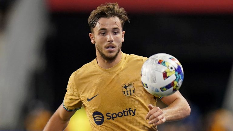 FILE - Barcelona midfielder Nico Gonzalez receives the ball during an NCAA soccer match against the New York Red Bulls, Saturday, July 30, 2022 in Harrison, N.J. Barcelona said Saturday, Aug. 13, 2022 that Nico Gonzalez has agreed to a contract extension, but that the promising midfielder will play this season on loan at Valencia. (Vera Nieuwenhuis/AP)