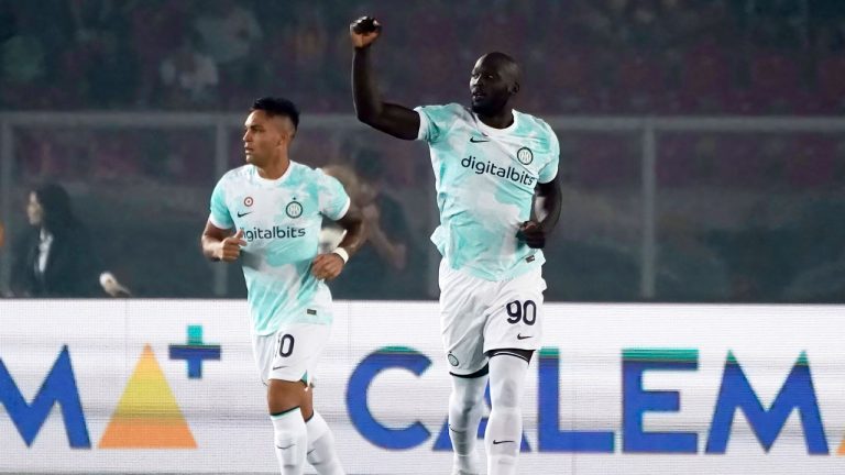 Inter's Romelu Lukaku, right, celebrates his goal during the Italian Serie A soccer match between Lecce and Inter Milan at the Via del Mare Stadium in Lecce Italy. (Giovanni Evangelista/AP)