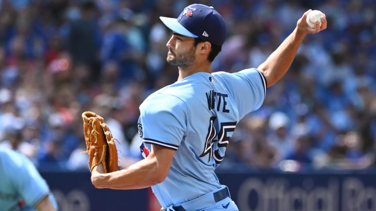 Toronto Blue Jays starting pitcher Mitch White throws to a Cleveland Guardians batter in first inning American League baseball action in Toronto on Saturday, August 13, 2022. (Jon Blacker/CP)