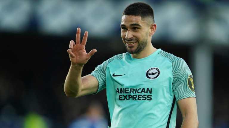 Brighton's Neal Maupay gestures at the end of the English Premier League soccer match between Everton and Brighton at Goodison Park stadium in Liverpool, England, Sunday, Jan. 2, 2022. Brighton won 3-2. (Jon Super/AP)