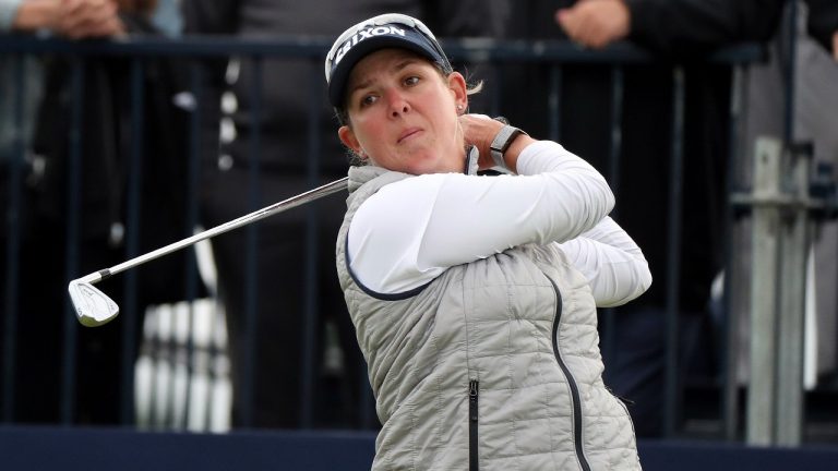 South Africa's Ashleigh Buhai plays her tee shot from the 13th during the final round of the Women's British Open golf championship, in Muirfield, Scotland Sunday, Aug. 7, 2022. (Scott Heppell/AP)