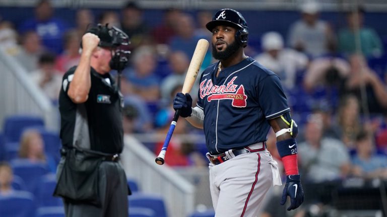 Atlanta Braves' Marcell Ozuna reacts after striking out during the seventh inning of a baseball game against the Miami Marlins, Sunday, Aug. 14, 2022, in Miami. (Wilfredo Lee/AP)