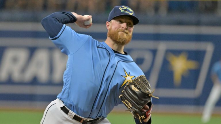 Tampa Bay Rays starter Drew Rasmussen pitches against the Baltimore Orioles during the first inning of a baseball game Sunday, Aug. 14, 2022, in St. Petersburg, Fla. (Steve Nesius/AP)