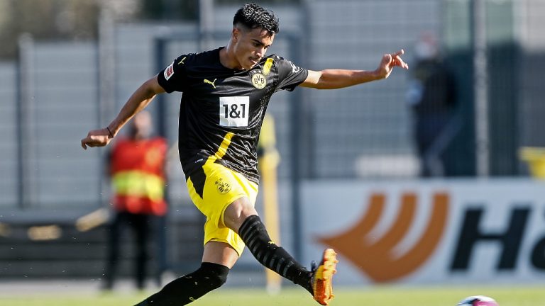 FILE - Dortmund's new player Jesus Reinier from Brazil kicks the ball during a test match between German Bundesliga soccer club Borussia Dortmund and Dutch Eredivisie club Sparta Rotterdam in Dortmund, Germany, Monday, Sept. 7, 2020. Real Madrid announced on Friday, Aug. 19, 2022 that young attacking midfielder Reinier will play for Girona this season on a loan from Real Madrid. The 20-year-old Brazilian arrived in Madrid at the beginning of 2020 but had played the last two seasons on a loan with Borussia Dortmund. (Martin Meissner/AP)