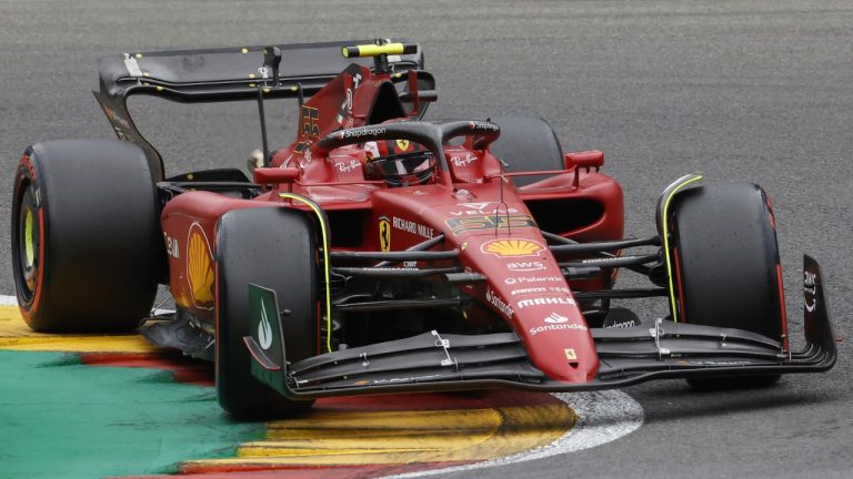 Ferrari driver Carlos Sainz of Spain steers his car during the qualifying session ahead of the Formula One Grand Prix at the Spa-Francorchamps racetrack in Spa, Belgium, Saturday, Aug. 27, 2022. The Belgian Formula One Grand Prix will take place on Sunday. (Olivier Matthys/AP)
