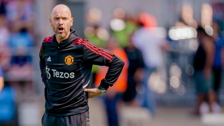 Manchester United's coach Erik ten Hag gestures during a friendly soccer match between Atletico Madrid and Manchester United at the Ullevaal stadium, (Stian Lysberg Solum/AP)