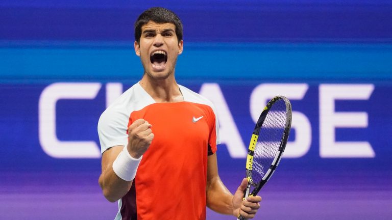 Carlos Alcaraz, of Spain, reacts after winning the second set against Frances Tiafoe, of the United States, during the semifinals of the U.S. Open tennis championships. (Charles Krupa/AP)