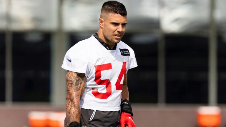 New York Giants linebacker Blake Martinez watches during the NFL football team's training camp in East Rutherford, N.J., Wednesday, July 28, 2022. (Julia Nikhinson/AP)
