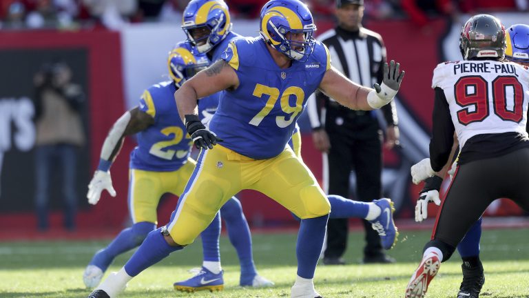 Los Angeles Rams offensive tackle Rob Havenstein (79) plays during a NFL divisional playoff football game between the Los Angeles Rams and Tampa Bay Buccaneers, Sunday, January 23, 2022 in Tampa, Fla. (Alex Menendez/AP)