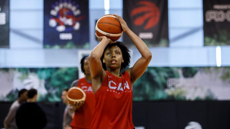 Nirra Fields shoots during Canada's senior women's national team practice in Toronto, Friday, July 8, 2022. (Cole Burston/CP)