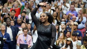 Serena Williams, of the United States, waves to fans after losing to Ajla Tomljanovic, of Austrailia, in the third round of the U.S. Open tennis championships, Friday, Sept. 2, 2022, in New York. (John Minchillo/AP)