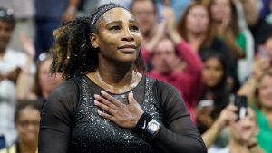 Serena Williams acknowledges the crowd after losing to Ajla Tomljanovic, of Austrailia, during the third round of the U.S. Open tennis championships, Friday, Sept. 2, 2022, in New York. (John Minchillo/AP)